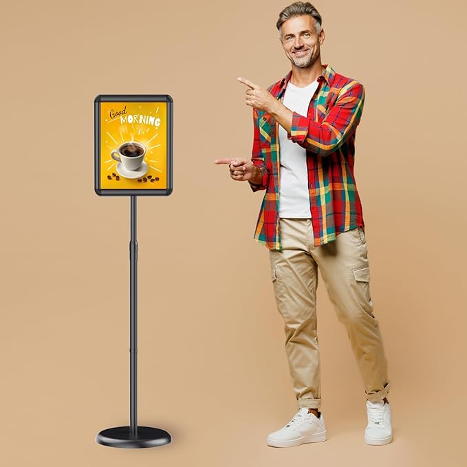 Pedestal Floor Stand Sign Holder for 8.5x11 inches Poster or Chalk Board, Snap Open Frame,360° Rotation,Outdoor Indoor Standing Display Sign Holders for commerical, Directional, Black 3 Pack
