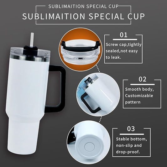 40 oz Sublimation Blank Rainbow Tumbler with Handle and Straw Lid Insulated Cup Reusable Stainless Steel Water Bottle Travel Mug for Water,Coffee (black handle mug)