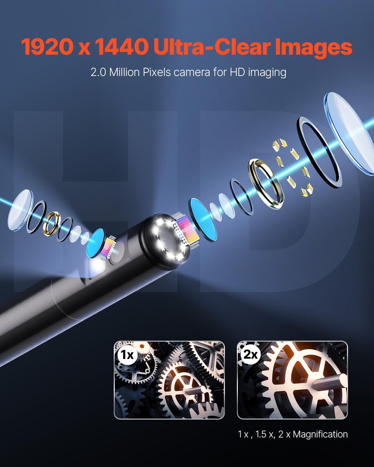 VEVOR Endoscope Camera with Light, Dual Lens Borescope for Android & iOS, 1920P HD Inspection Camera, 8 + 1 LED Lights, 2X Zoom, 10FT Snake Cable, IP67 Waterproof