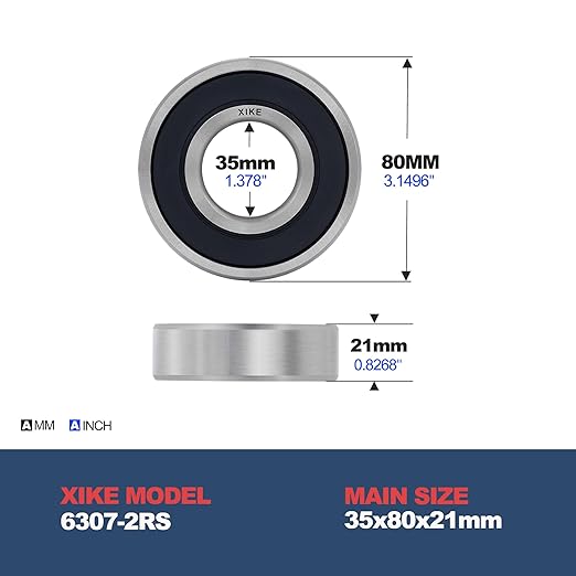 XiKe 2 pack of 5 6307-2RS Double Rubber Seal Bearings 35x80x21mm, Pre-Lubricated and Stable Performance and Cost Effective, Deep Groove Ball Bearings.