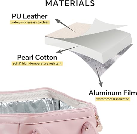 Insulated Lunch Bag for Women, Portable Leakproof Cooler Bag PU Leather Lunchbox Lunch Tote Bags for Work or Picnic (Pink)