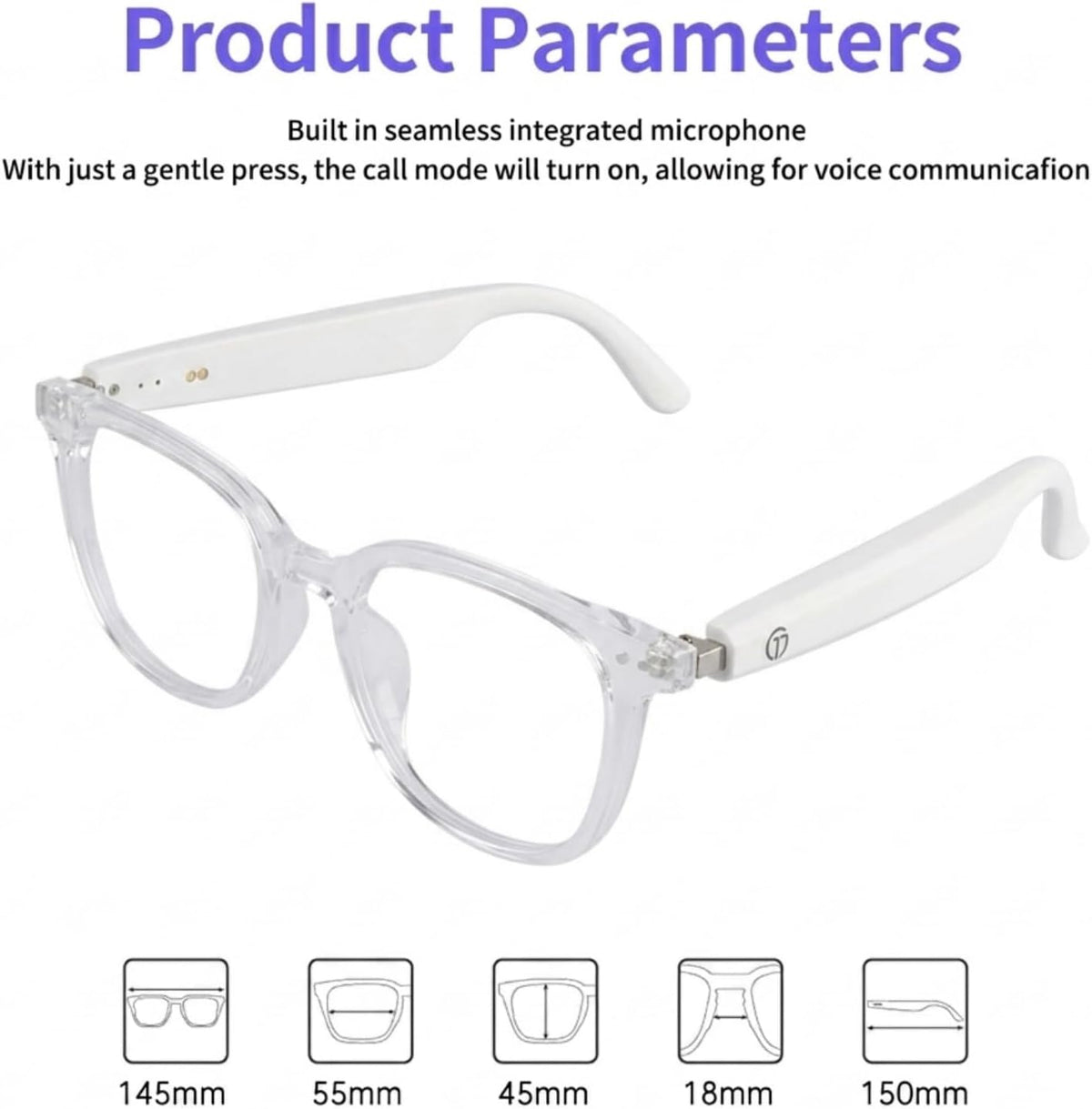 Smart Glasses for Women Men, Bluetooth Glasses with Photochromic Lenses, Touch Control Voice Assistant for Clear Audio, Transparent Frame and White Legs, Wearable Tech Glasses for Working