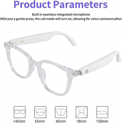 Smart Glasses for Women Men, Bluetooth Glasses with Photochromic Lenses, Touch Control Voice Assistant for Clear Audio, Transparent Frame and White Legs, Wearable Tech Glasses for Working