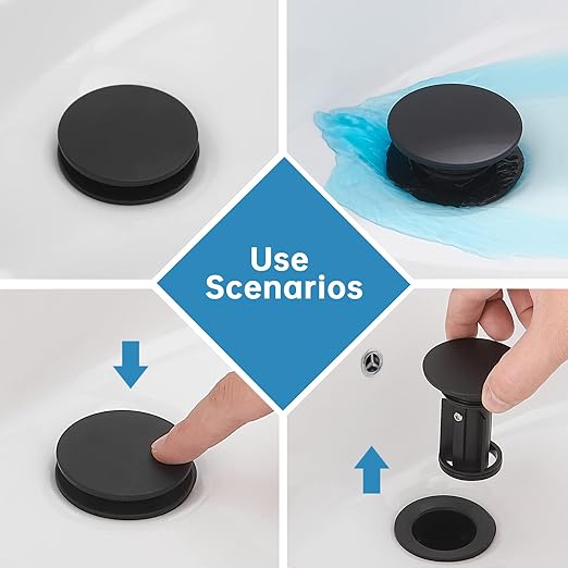 RUMOSE Bathroom Sink Drain with Overflow, Matte Black Pop Up Drain Stopper Lavatory Vanity Vessel Sink Drain, Fits Standard Drain Hole Anti Clog Plastic Pop-up Sink Drain Stopper