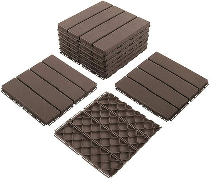 domi Outdoor Living Patio Deck Tiles, 12 x 12 inches Composite Interlocking Decking Tile, Four Slat Plastic Outdoor Flooring, 9 Pieces One Pack, Dark Brown