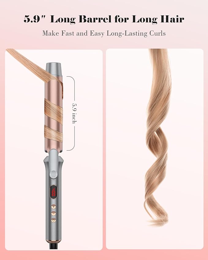 1 14 Inch Tourmaline Ceramic Curling Iron with LCD Display, Dual Voltage for Long Hair, Includes Glove, Comb, Clips and Pad