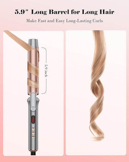 1 14 Inch Tourmaline Ceramic Curling Iron with LCD Display, Dual Voltage for Long Hair, Includes Glove, Comb, Clips and Pad