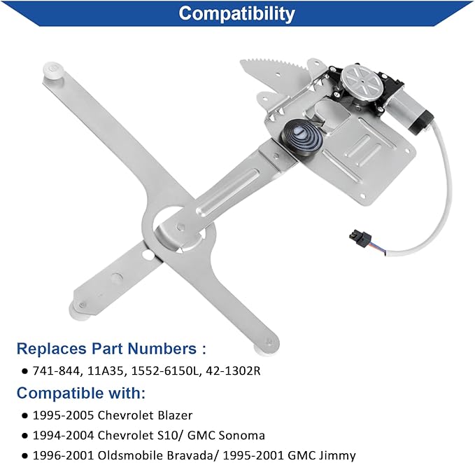 741-844 Front Left Driver Side Power Window Regulator with Motor, Compatible with Chevy S10 GMC Sonoma 1994-2004, Chevy Blazer 1995-2005, Oldsmobile BravadaGMC Jimmy 1996-2001