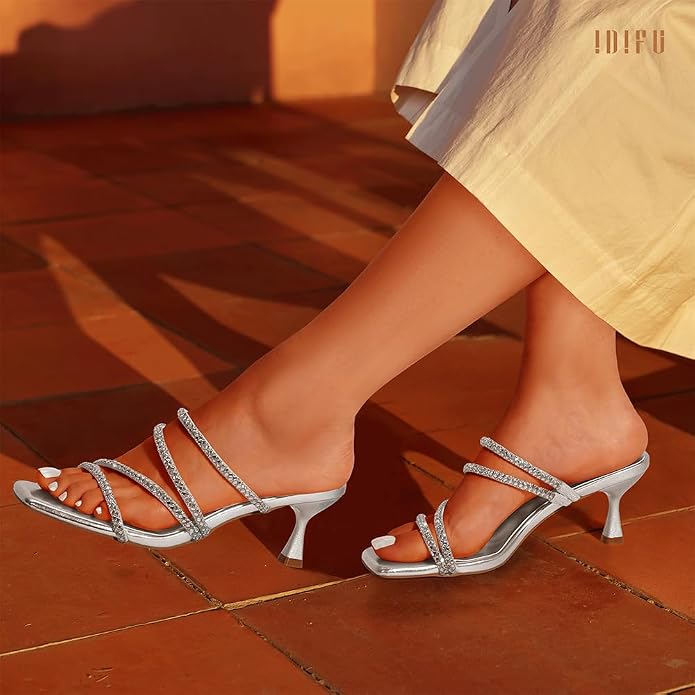 Size 11. IDIFU Rhinestone Heels Slip On Strappy Low Kitten Heels | Square Open Toe Low Heels Wedding Bridal Prom Party Dress Shoes for Women Comfortable Formal Sparkly Heeled Sandals