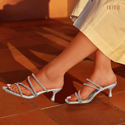 Size 11. IDIFU Rhinestone Heels Slip On Strappy Low Kitten Heels | Square Open Toe Low Heels Wedding Bridal Prom Party Dress Shoes for Women Comfortable Formal Sparkly Heeled Sandals