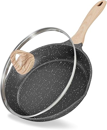 JEETEE Nonstick Frying Pans Skillet with Lid, 8" Granite Non-Stick Frying pan, Aluminum Pans with Bakelite Handle, Compatible with All Stovetops (Gas, Electric  Induction), Grey