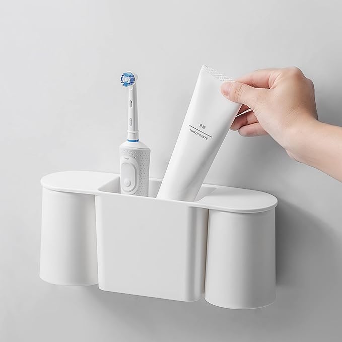 Wall-Mounted Toothbrush and Toothpaste Holder - Self-Draining Design, Easy Installation, Space-Saving, White (Double - Two Magnetic Cups)