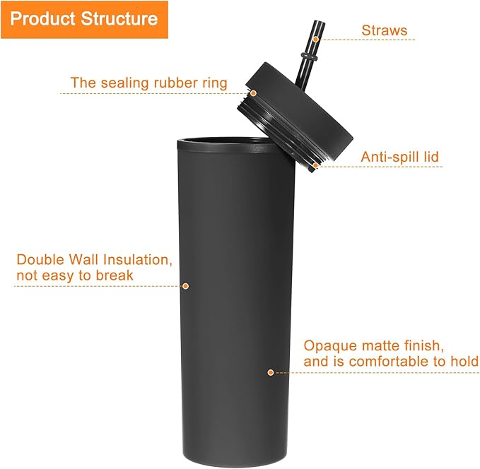 uxcell Skinny Tumbler with Lids and Straws, 16Oz Matte Black Skinny Tumbler Bulk, Reusable Pastel Acrylic Tumbler, Double Wall Plastic Tumbler for Cold Hot Drinks, Coffee DIY