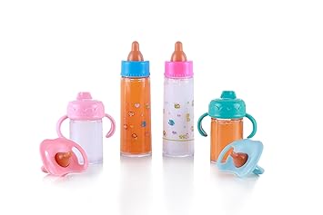Magic Disappearing Milk and Juice Bottle with Pacifier,6 Pieces Pretend Play Feeding Toy Set with Package, Baby Doll Accessories for Girl