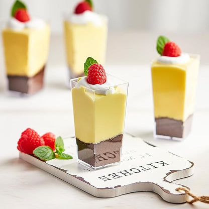 Kucoele 50 Pack 3oz Mini Dessert Cups with Spoons, Square Tall Shooter Cups Clear Plastic Party Serving Cups for Parfait, Appetizer, Pudding, Yogurt and Ice Cream
