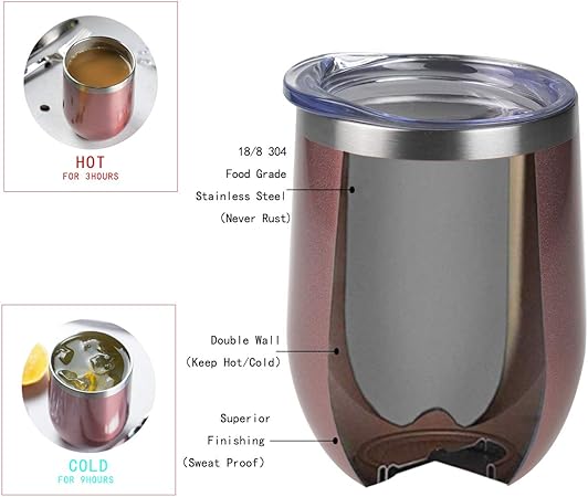 Wine Tumbler - 12 oz Stainless Steel Tumbler with Lid,Stemless Double Wall Vacuum Insulated Travel Cup for Wine,Coffee,Cocktails(Rose Gold,2 Pack)