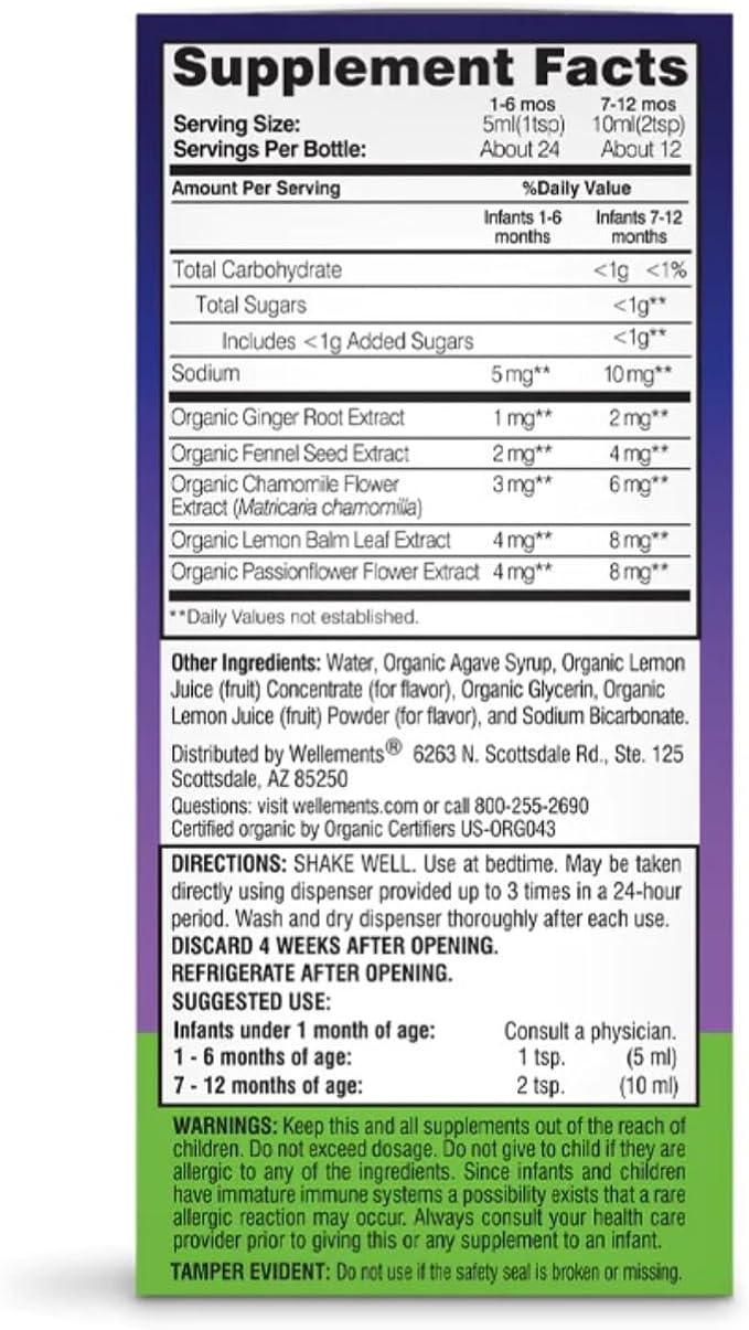 Wellements Organic Nighttime Gripe Water for Babies 1 Month (4 Fl Oz) - Baby Gripe Water for Bedtime Relief Gas, Colic  Fussiness - Herbs Promote a Peaceful Nights Sleep - USDA Certified  Non GMO