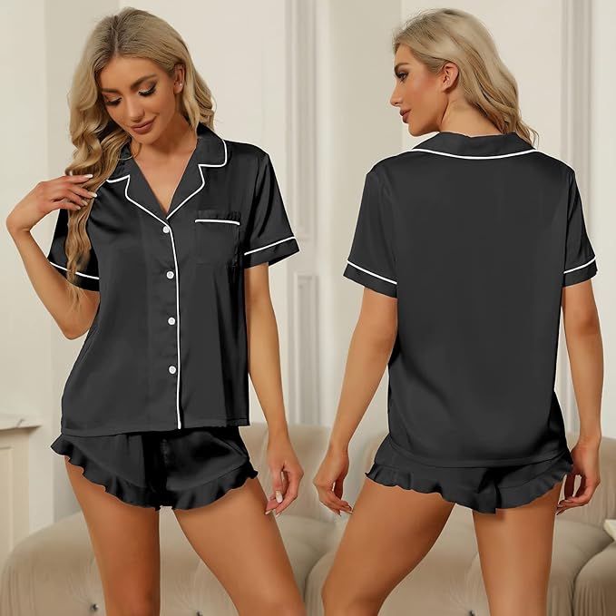 SAPJON Satin Silk Pajamas for Women 2Pcs Ruffle Notch Collar Sleepwear Button Down Short Sleeve Shorts Pjs Set Loungewear