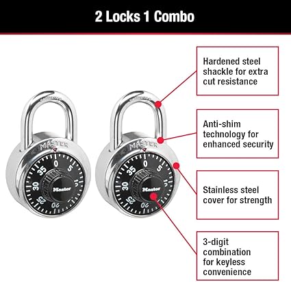 Master Lock 1500T Locker Lock Combination Padlock, 2 Pack, Black