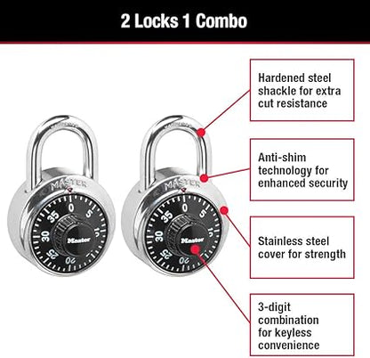 Master Lock 1500T Locker Lock Combination Padlock, 2 Pack, Black