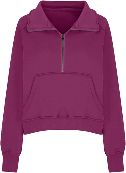 Half Zip Pullover Women Oversized Long Sleeve Cropped Sweatshirt Fleece Thumb Hole Cute Sweatshirts with Pockets