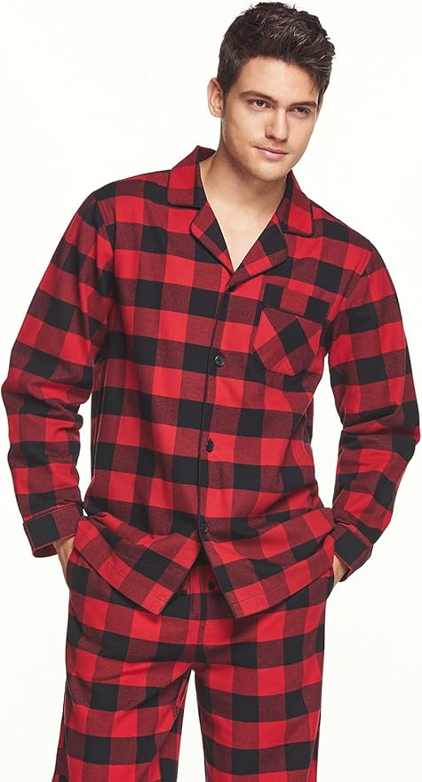 CQR Men's 100% Cotton Plaid Flannel Pajama Set, Brushed Soft Lounge & Sleep PJ Top & Bottom with Pockets
