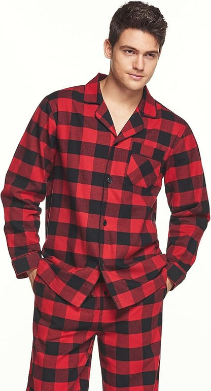 CQR Men's 100% Cotton Plaid Flannel Pajama Set, Brushed Soft Lounge & Sleep PJ Top & Bottom with Pockets