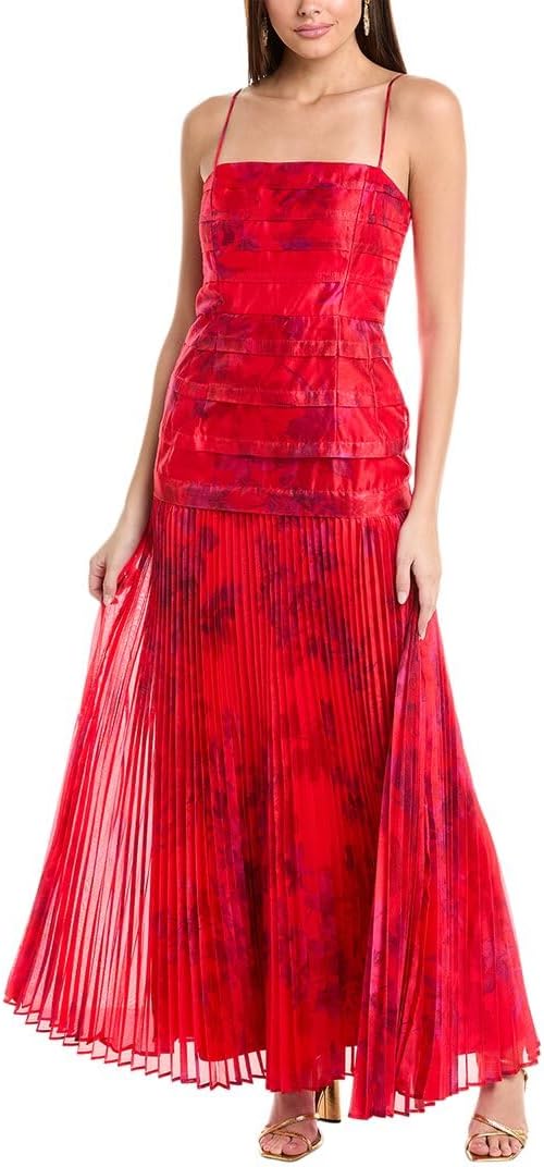 Women's Sleeveless Spaghetti Strap Tiered Bodice Pleated Maxi Dress