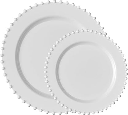 PLASTICPRO 32 Piece Combo Plastic Dinner Plates Disposable Plastic Fancy Heavy Duty Party Dishes 7 inch and 10 inch, White Beaded