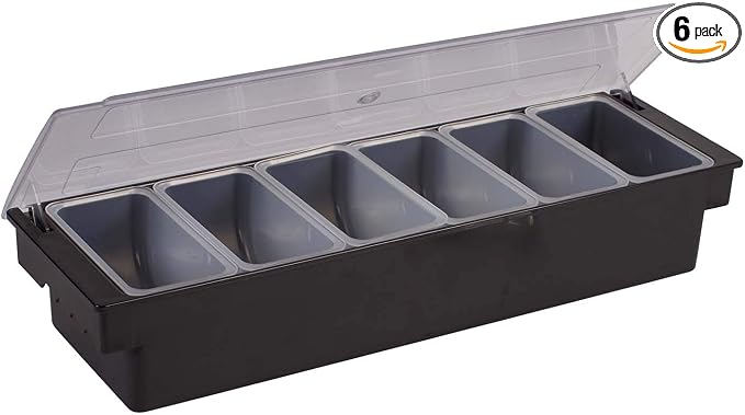 Winco 19 7/16" Black Plastic 6-Compartment Condiment Holder Dishwasher safe, BPA-free, Six compartments, Removable poly inserts, Great for Organization, Storage and Service Counters
