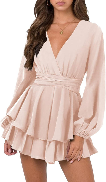 Medium Size Nova In Sky Womens Sexy V Neck Long Sleeve Tie Waist Ruffle Hem Flowy Swing Mini Short Wrap Dress