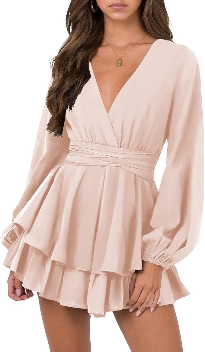 Medium Size Nova In Sky Womens Sexy V Neck Long Sleeve Tie Waist Ruffle Hem Flowy Swing Mini Short Wrap Dress