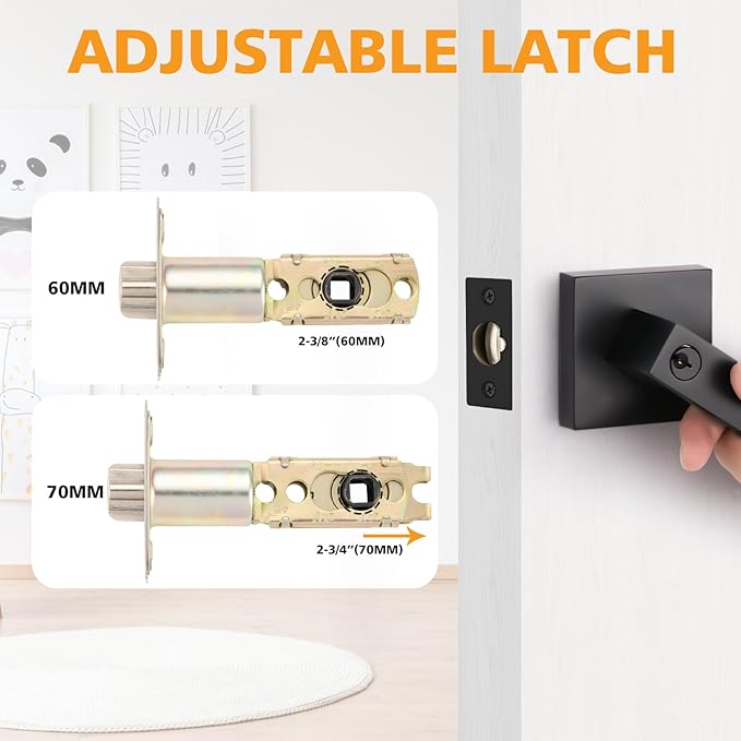 Adjustable Door Latch 2-38''(60mm)or 2-34''(70mm), 45 Turning Angle Universal Door Lock Replacement Part with 516'' Square Hole, Suitable for Interior Door and Front Door Leverset Latch.