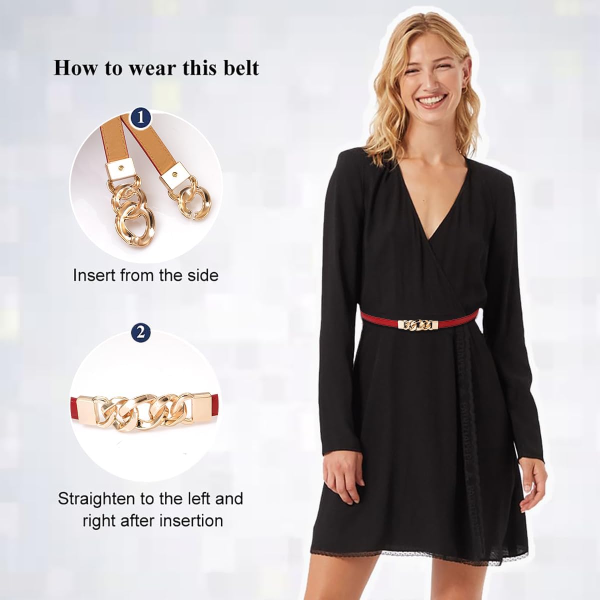 Glamorstar Women Skinny Belts for Dresses Thin PU Leather Waist Belt with Gold Buckle Fit Wait Size Up To 37"