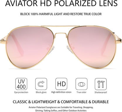 Kids Polarized Aviator Sunglasses for Girls Boys Classic Juniors Metal Frame Mirrored Aviator Sunglasses, 52mm