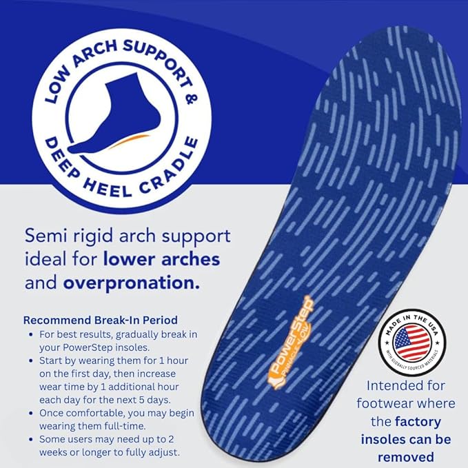 PowerStep Pinnacle Low, PowerStep Insoles, Flat Feet, Plantar Fasciitis Relief, Overpronation, Arch Support, Heel Pain, All Day Comfort, Pain Relief, Made in USA (Men's 9-9.5 / Women's 11-11.5)