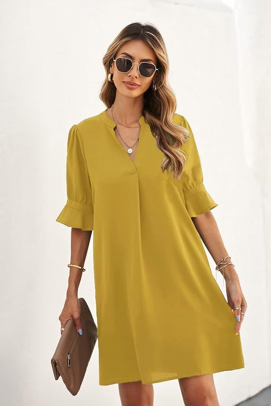 QACOHU Summer Dresses for Women V Neck Ruffle Short Sleeve Casual Shift Dress