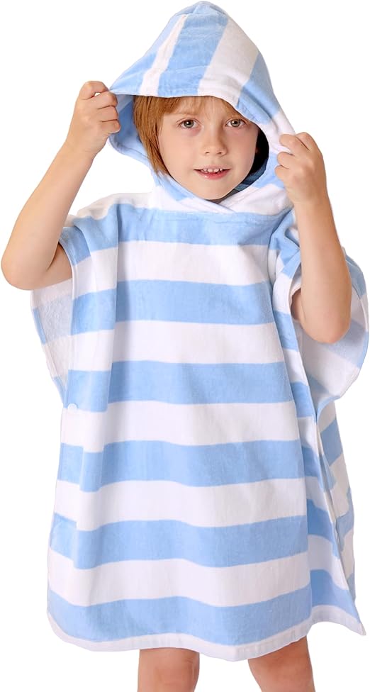 Toddler Bath Towel Poncho Thick Cotton Striped Beach Towels for Kids Gifts (2-6, Blue)