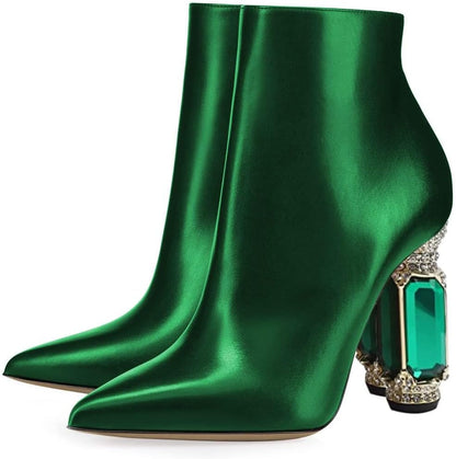 Women Chic Pointed Toe Crystal Chunky Block High Heel Ankle Boots Glossy Side Zipper Casual Daily Fashion Ladies Fall Shoes Size 4-15 US