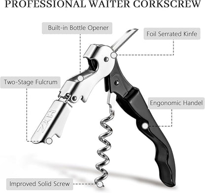 HYZ 4-Pack Wine Opener Waiter Corkscrew, Professional Wine Key for Servers, Bartender with Foil Cutter, Manual Wine Bottle Opener Double Hinged (Black)
