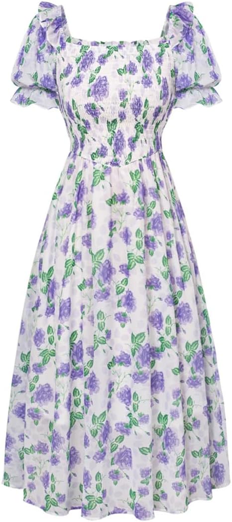 Women Vintage Chiffon Floral Print Dress Short Sleeve Square Collar Midi A-Line Dress Robe