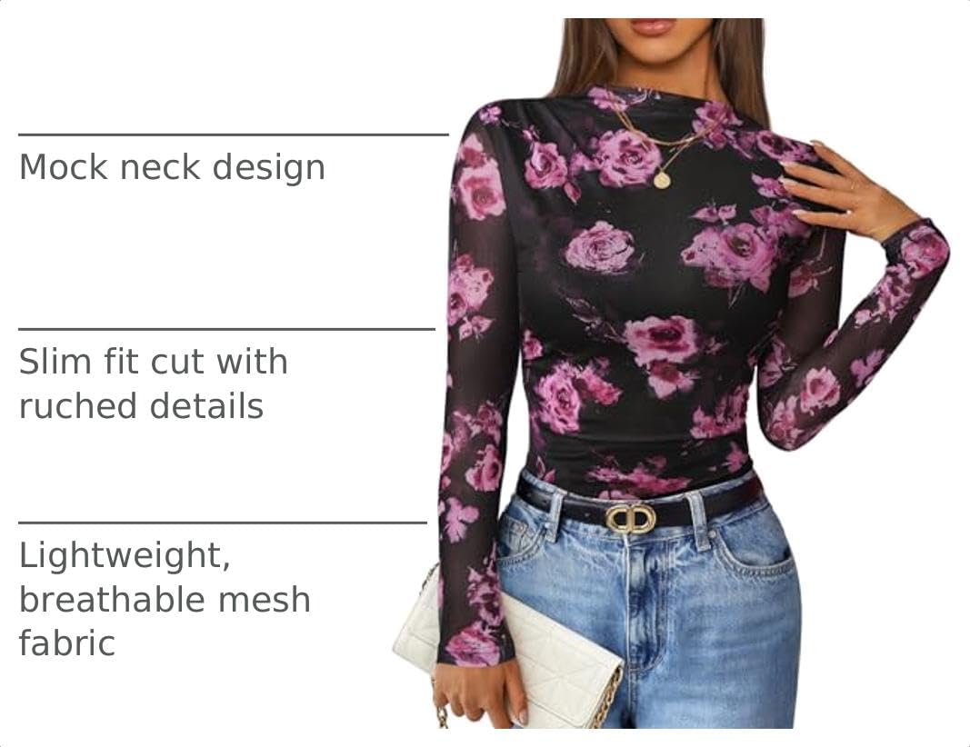 ZESICA Floral Long Sleeve Tops for Women 2026 Fall Mesh Mock Neck Ruched Fitted Shirts Going Out Blouses Trendy Clothes