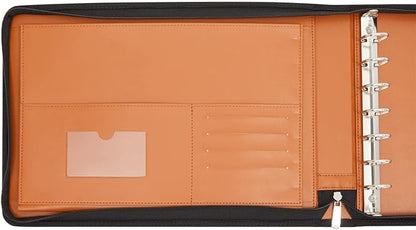 7-Ring Business Check Binder with Zipper for Checkbooks Organization, Brown Zippered Portfolio Organizer, Professional PU Leather Folder Holder for Documents, Cards (15 x 11 x 0.01 inches)
