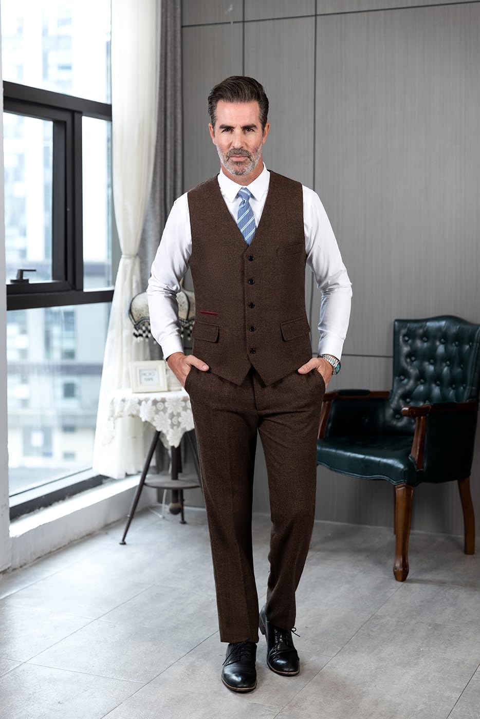 Mens Vintage Classic Herringbone Pattern Suit Vest V Neck Casual Wool Blend Waistcoat for Men