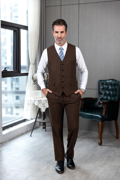 Mens Vintage Classic Herringbone Pattern Suit Vest V Neck Casual Wool Blend Waistcoat for Men