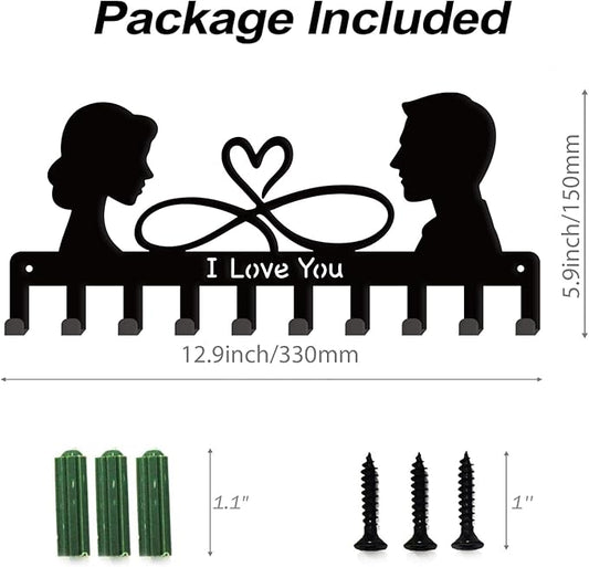 SUPERDANT I Love You Key Holder Couple's Silhouette Metal Key Organizer Decorative 10 Hook Key Hanger Rack Wall Mounted Entryway Key Belt Umbrella Hooks Personalized Key Hanger for Wall Door