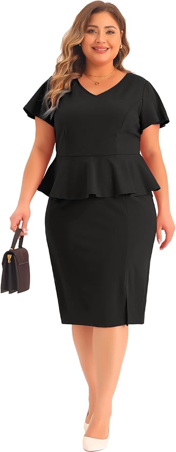 Agnes Orinda Plus Size Work Dress for Women V Neck Short Sleeve Ruffle Church Business Peplum Pencil Dresses
