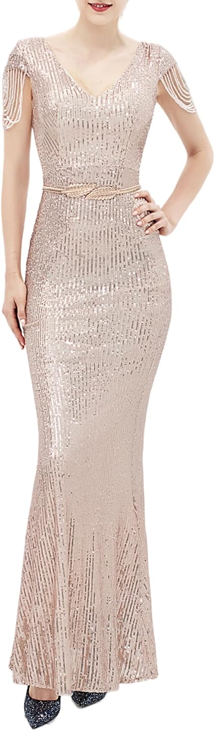 Women's Sparkly Prom Dress V Neck Tassel Bead Sleeve Mermaid Long Gown 1920S Party Formal Evening Maxi Dress