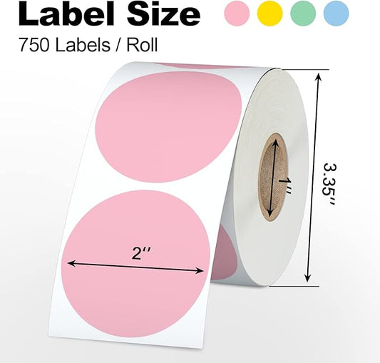 Misofuki 2" 750 Labels Pink Circle Direct Thermal Stickers Labels Roll Compatible with Zebra, Rollo, MUNBYN, Self-Adhesive Round Direct Thermal Labels