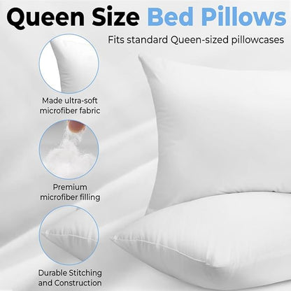 Queen Size Bed Pillows - Set of 2, Medium Density, Soft and Supportive for Back, Side, and Stomach Sleepers (Queen (Pack of 2)) (White, Pack of 2)